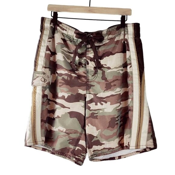 OG Swim Trunks Men Camo Print Brown Drawstring Pocket Athletic Wear - Picture 1 of 8